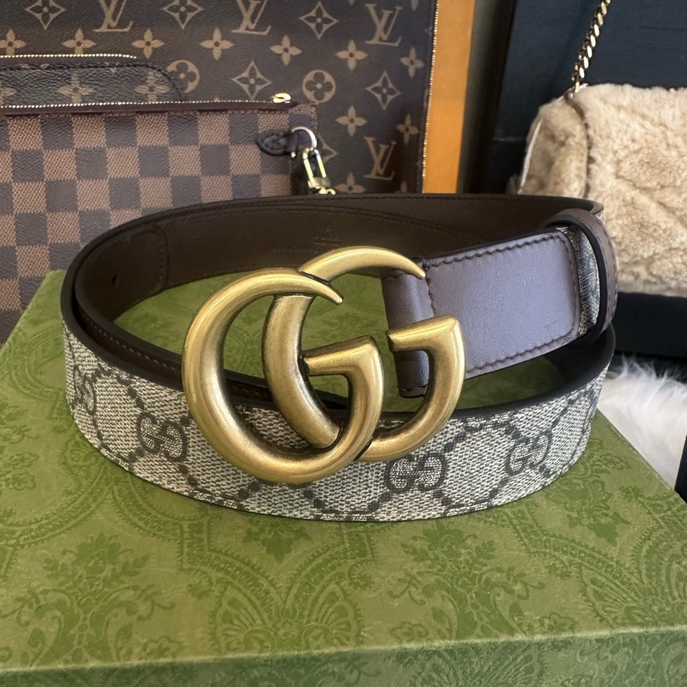 Gucci Beige GG Monogram Belt with Brass Buckle